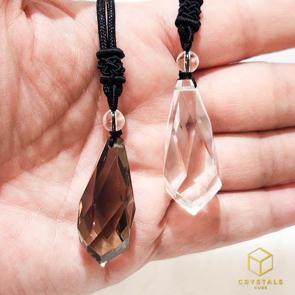 Faceted Teardrop Crystal Pendant - Clear Quartz & Smokey Quartz