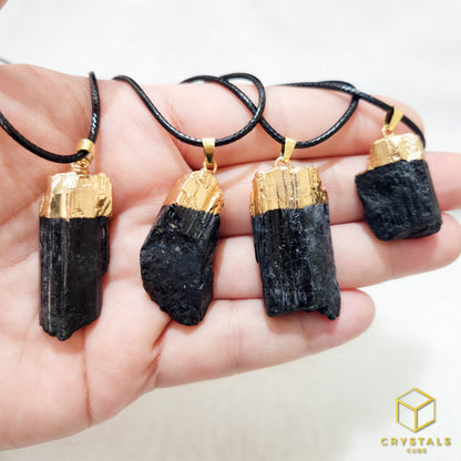 Black Tourmaline (Raw) Gold/Sliver Cap Pendant