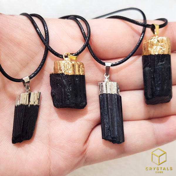 Black Tourmaline (Raw) Gold/Sliver Cap Pendant