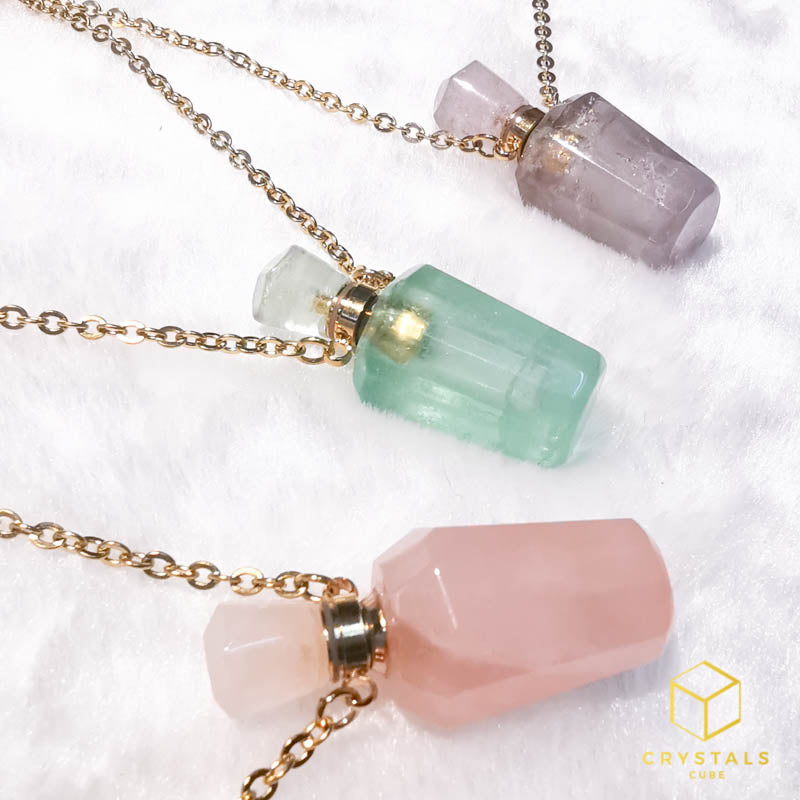 Essential Oil Crystal Bottle Necklace - Amethyst, Fluorite & Rose Quartz