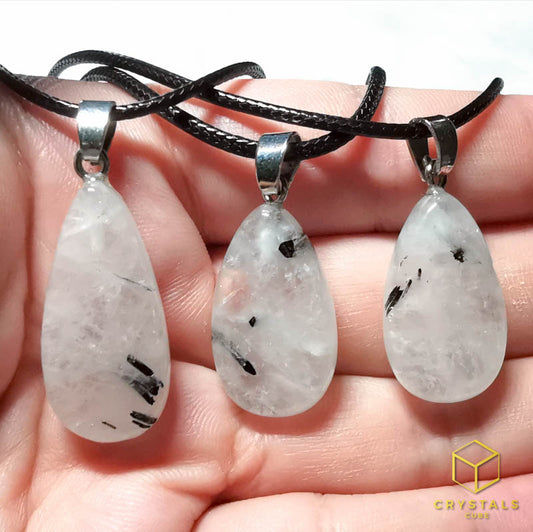 Black Rutile (Tourmalinated Quart) Teardrop Pendant -Small